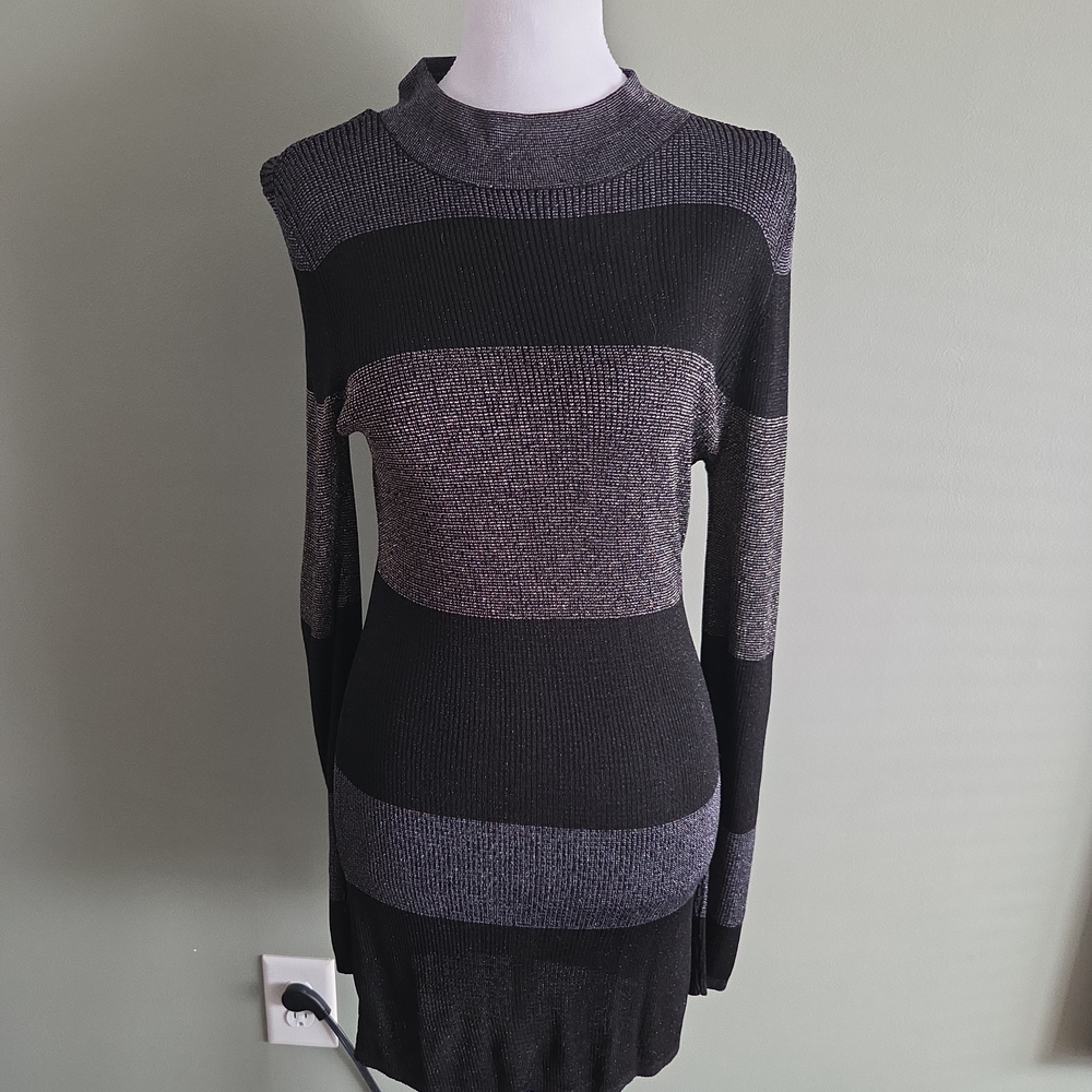 White House Black Market Black and Gray Striped Midi Dress